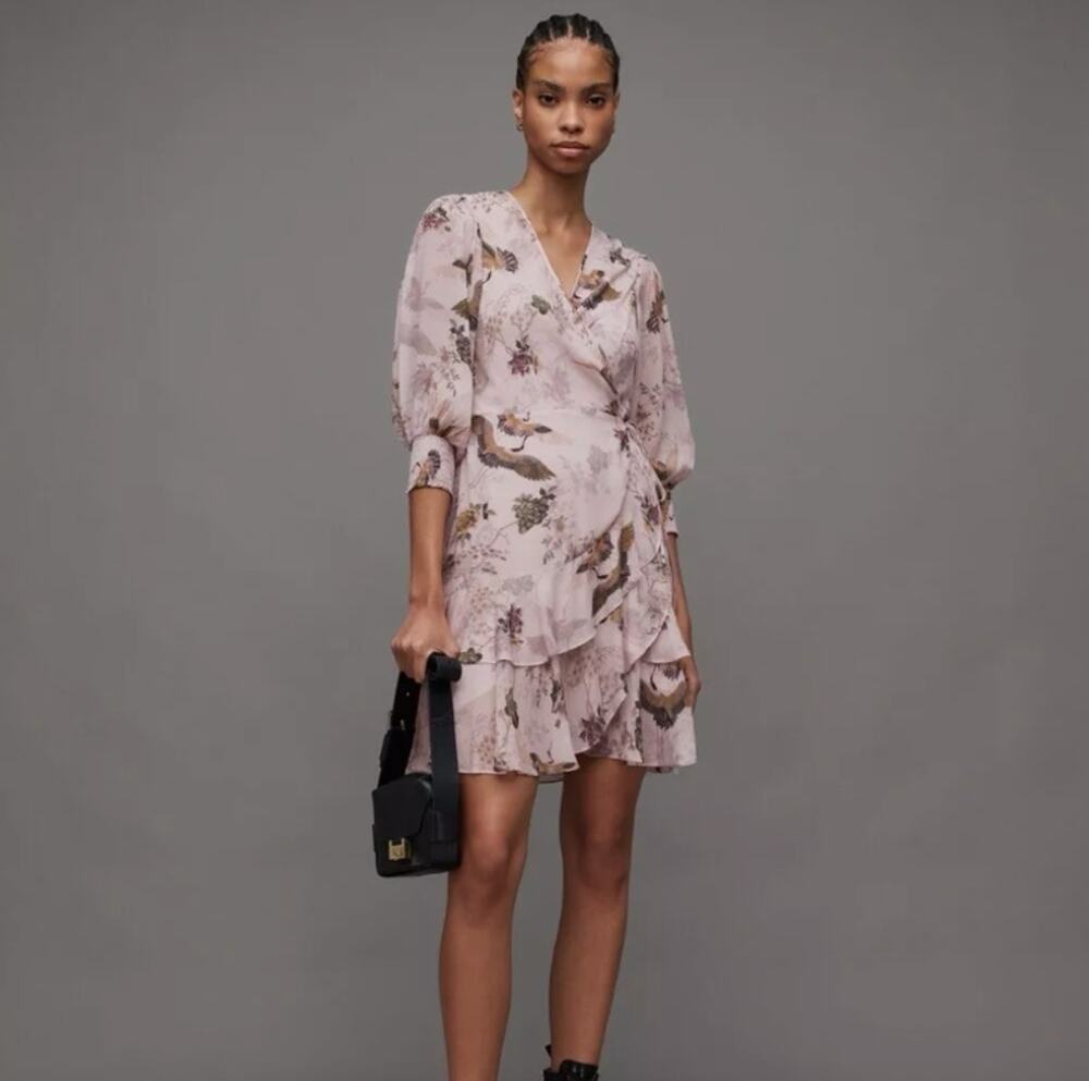AllSaints Pink Floral Wrap Mini Dress